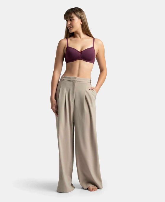 Wirefree Padded Super Combed Cotton Elastane Stretch Medium Coverage T-Shirt Bra with Lace Styling - Prune