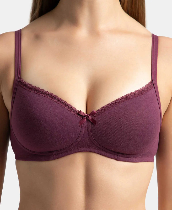 Wirefree Padded Super Combed Cotton Elastane Stretch Medium Coverage T-Shirt Bra with Lace Styling - Prune