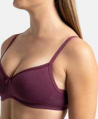 Wirefree Padded Super Combed Cotton Elastane Stretch Medium Coverage T-Shirt Bra with Lace Styling - Prune