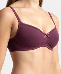 Wirefree Padded Super Combed Cotton Elastane Stretch Medium Coverage T-Shirt Bra with Lace Styling - Prune
