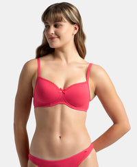 Wirefree Padded Super Combed Cotton Elastane Stretch Medium Coverage T-Shirt Bra with Lace Styling - Ruby