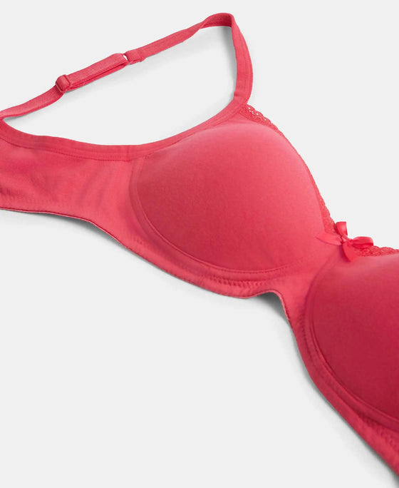 Wirefree Padded Super Combed Cotton Elastane Stretch Medium Coverage T-Shirt Bra with Lace Styling - Ruby