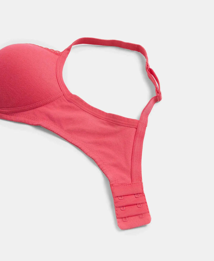 Wirefree Padded Super Combed Cotton Elastane Stretch Medium Coverage T-Shirt Bra with Lace Styling - Ruby