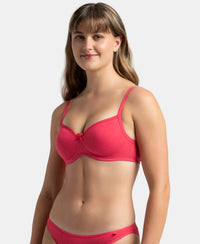 Wirefree Padded Super Combed Cotton Elastane Stretch Medium Coverage T-Shirt Bra with Lace Styling - Ruby