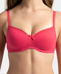 Wirefree Padded Super Combed Cotton Elastane Stretch Medium Coverage T-Shirt Bra with Lace Styling - Ruby
