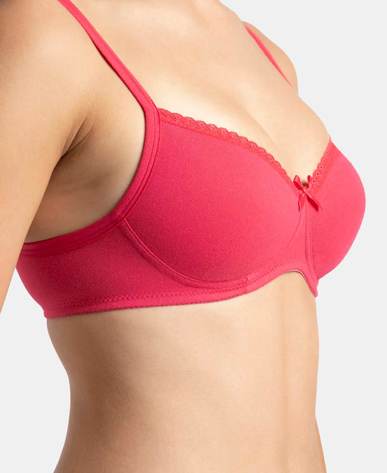 Wirefree Padded Super Combed Cotton Elastane Stretch Medium Coverage T-Shirt Bra with Lace Styling - Ruby
