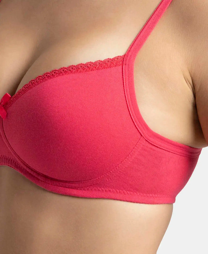 Wirefree Padded Super Combed Cotton Elastane Stretch Medium Coverage T-Shirt Bra with Lace Styling - Ruby