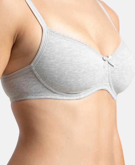 Wirefree Padded Super Combed Cotton Elastane Stretch Medium Coverage T-Shirt Bra with Lace Styling - Steel Grey Melange