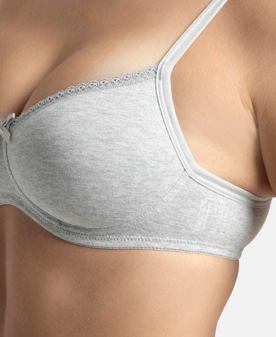 Wirefree Padded Super Combed Cotton Elastane Stretch Medium Coverage T-Shirt Bra with Lace Styling - Steel Grey Melange