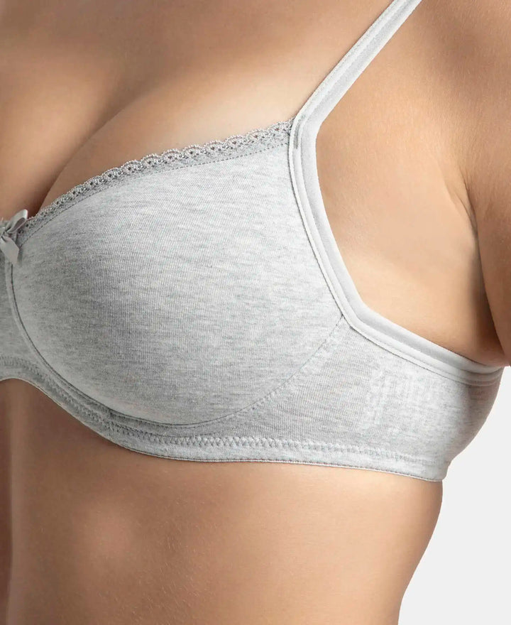 Wirefree Padded Super Combed Cotton Elastane Stretch Medium Coverage T-Shirt Bra with Lace Styling - Steel Grey Melange