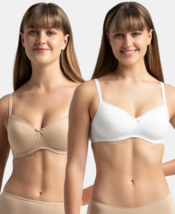 Pack of 2 Wirefree Padded Super Combed Cotton Elastane Stretch Medium Coverage T-Shirt Bra with Lace Styling - White & Light Skin