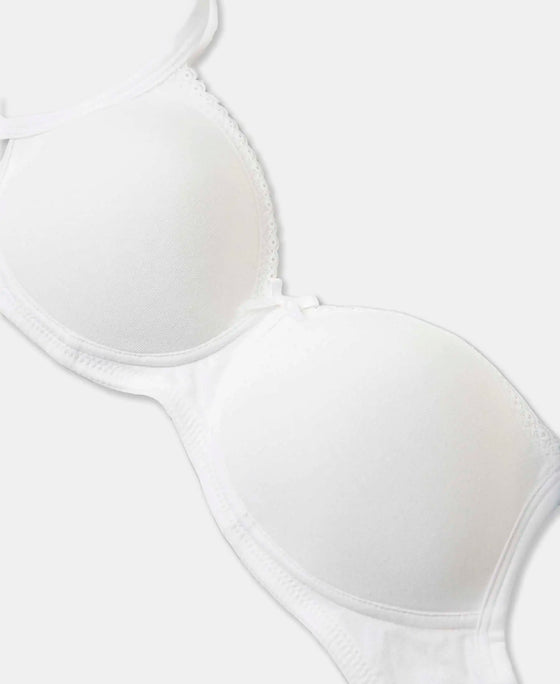 Pack of 2 Wirefree Padded Super Combed Cotton Elastane Stretch Medium Coverage T-Shirt Bra with Lace Styling - White & Light Skin