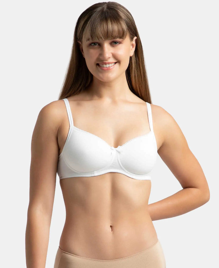 Wirefree Padded Super Combed Cotton Elastane Stretch Medium Coverage T-Shirt Bra with Lace Styling - White
