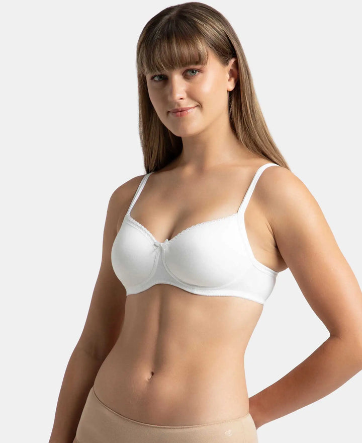 Wirefree Padded Super Combed Cotton Elastane Stretch Medium Coverage T-Shirt Bra with Lace Styling - White