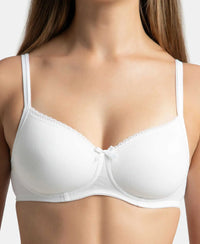 Wirefree Padded Super Combed Cotton Elastane Stretch Medium Coverage T-Shirt Bra with Lace Styling - White