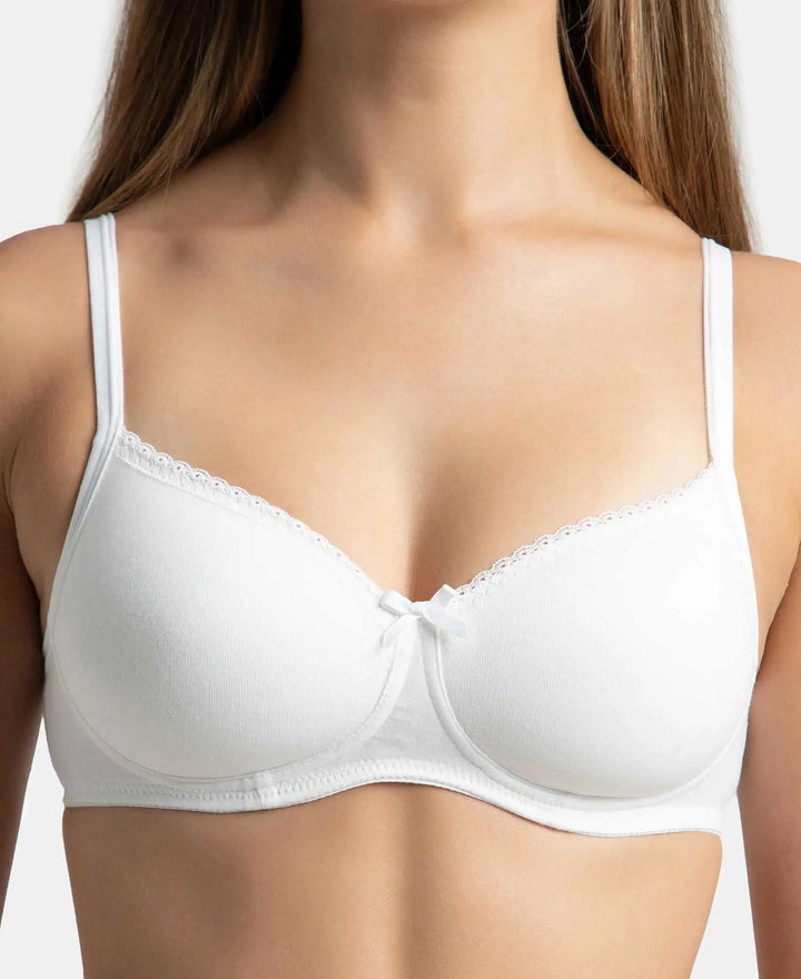 Wirefree Padded Super Combed Cotton Elastane Stretch Medium Coverage T-Shirt Bra with Lace Styling - White