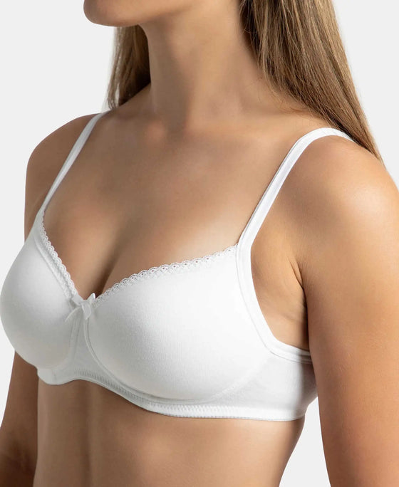 Wirefree Padded Super Combed Cotton Elastane Stretch Medium Coverage T-Shirt Bra with Lace Styling - White