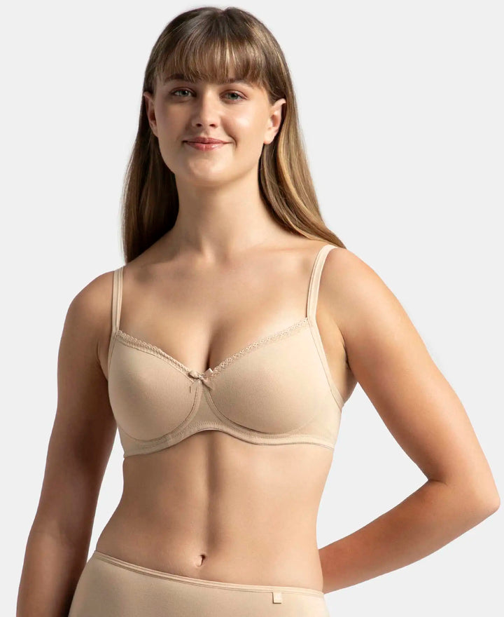 Wirefree Padded Super Combed Cotton Elastane Stretch Medium Coverage T-Shirt Bra with Lace Styling - Light Skin