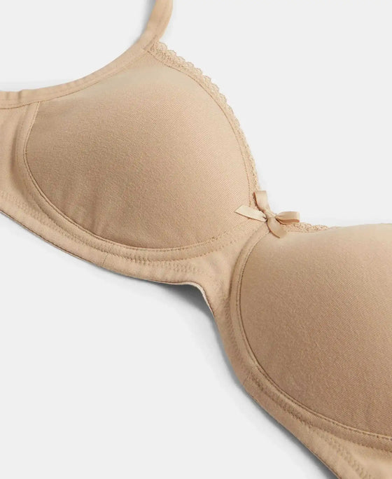 Wirefree Padded Super Combed Cotton Elastane Stretch Medium Coverage T-Shirt Bra with Lace Styling - Light Skin