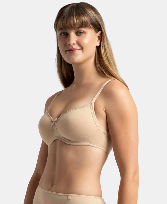 Wirefree Padded Super Combed Cotton Elastane Stretch Medium Coverage T-Shirt Bra with Lace Styling - Light Skin