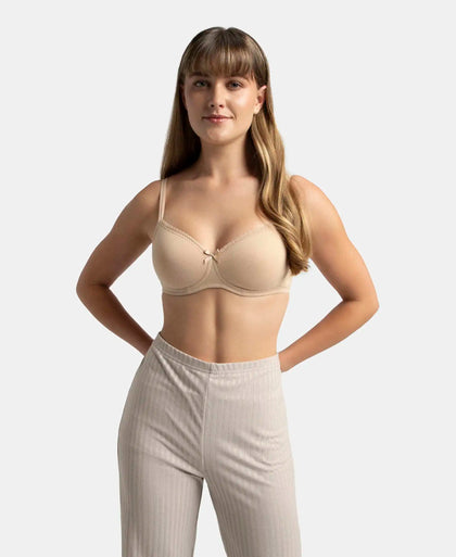 Wirefree Padded Super Combed Cotton Elastane Stretch Medium Coverage T-Shirt Bra with Lace Styling - Light Skin