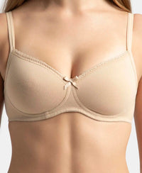 Wirefree Padded Super Combed Cotton Elastane Stretch Medium Coverage T-Shirt Bra with Lace Styling - Light Skin