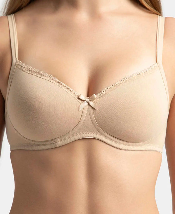 Wirefree Padded Super Combed Cotton Elastane Stretch Medium Coverage T-Shirt Bra with Lace Styling - Light Skin