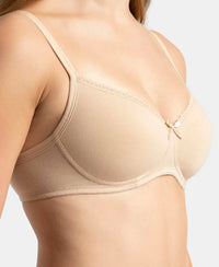 Wirefree Padded Super Combed Cotton Elastane Stretch Medium Coverage T-Shirt Bra with Lace Styling - Light Skin