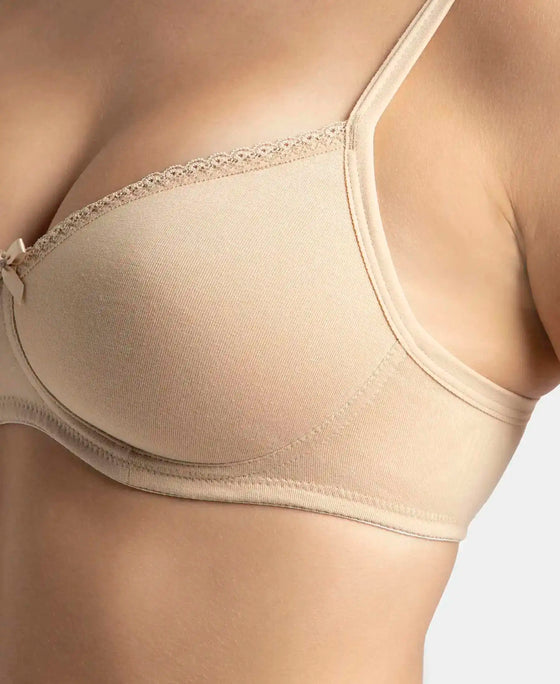 Wirefree Padded Super Combed Cotton Elastane Stretch Medium Coverage T-Shirt Bra with Lace Styling - Light Skin
