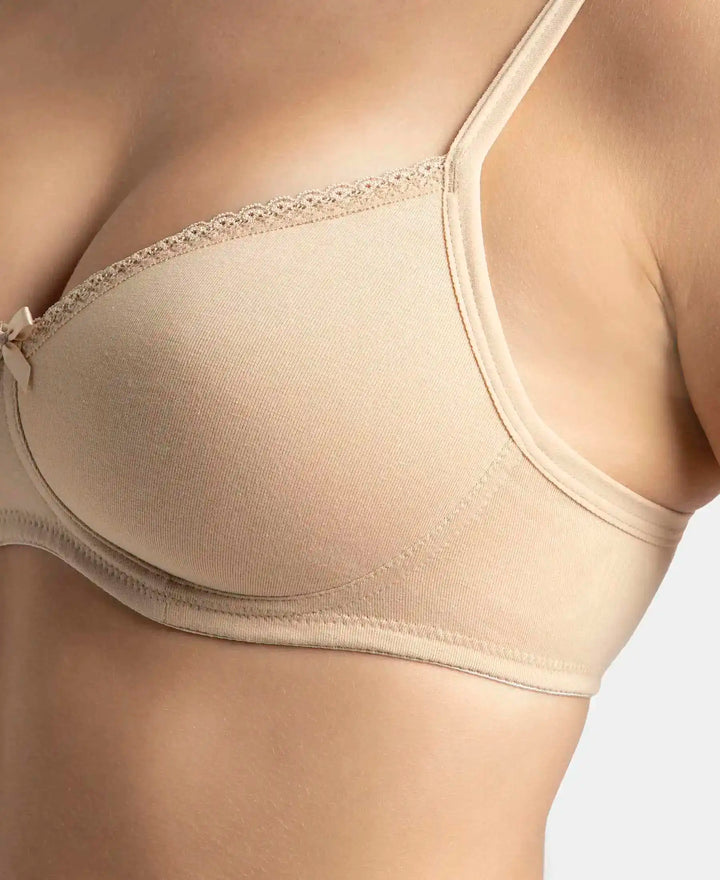 Wirefree Padded Super Combed Cotton Elastane Stretch Medium Coverage T-Shirt Bra with Lace Styling - Light Skin