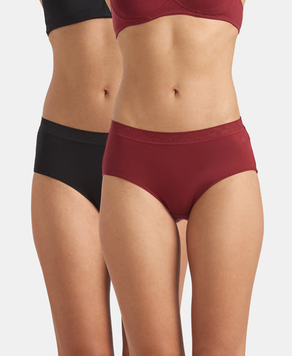 High Coverage Tencel Micro Modal Elastane Stretch High Waist Hipster With Lace Styled Waistband - Black & Pomegranate (Pack of 2)