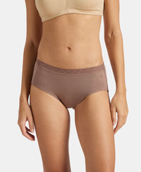 High Coverage Tencel Micro Modal Elastane Stretch High Waist Hipster With Lace Styled Waistband - Deep Taupe & Lilas (Pack of 2)