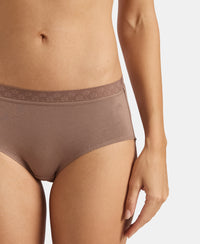 High Coverage Tencel Micro Modal Elastane Stretch High Waist Hipster With Lace Styled Waistband - Deep Taupe & Lilas (Pack of 2)