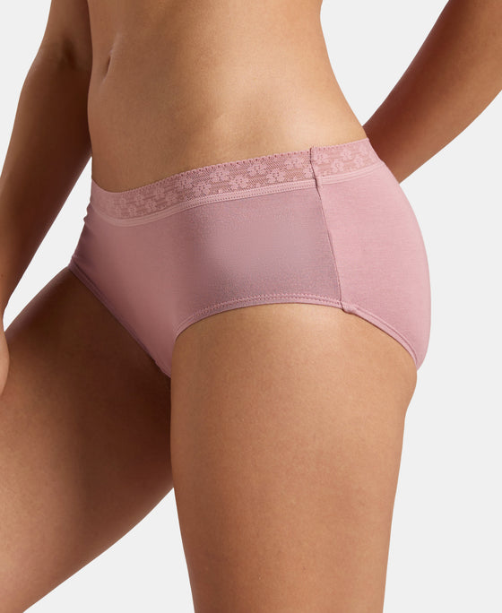 High Coverage Tencel Micro Modal Elastane Stretch High Waist Hipster With Lace Styled Waistband - Deep Taupe & Lilas (Pack of 2)