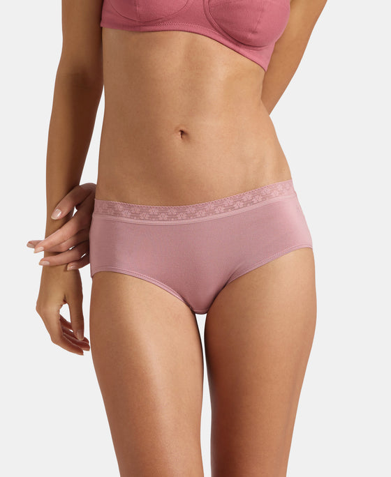 High Coverage Tencel Micro Modal Elastane Stretch High Waist Hipster With Lace Styled Waistband - Deep Taupe & Lilas (Pack of 2)
