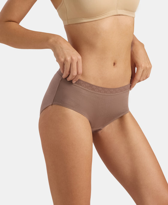 High Coverage Tencel Micro Modal Elastane Stretch High Waist Hipster With Lace Styled Waistband - Deep Taupe & Lilas (Pack of 2)