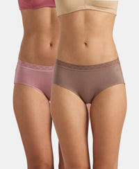High Coverage Tencel Micro Modal Elastane Stretch High Waist Hipster With Lace Styled Waistband - Deep Taupe & Lilas (Pack of 2)