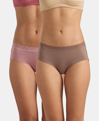 High Coverage Tencel Micro Modal Elastane Stretch High Waist Hipster With Lace Styled Waistband - Deep Taupe & Lilas (Pack of 2)