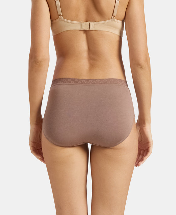 High Coverage Tencel Micro Modal Elastane Stretch High Waist Hipster With Lace Styled Waistband - Deep Taupe & Lilas (Pack of 2)