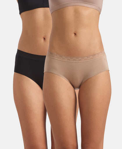 High Coverage Tencel Micro Modal Elastane Stretch High Waist Hipster With Lace Styled Waistband - Stucco & Black (Pack of 2)