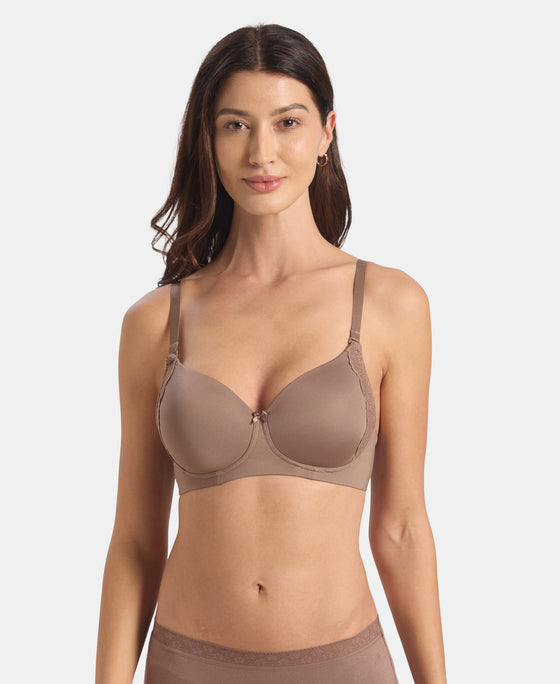 Wirefree Padded Soft Touch Microfiber Elastane Stretch Full Coverage T-Shirt Bra with Lace Styling - Deep Taupe
