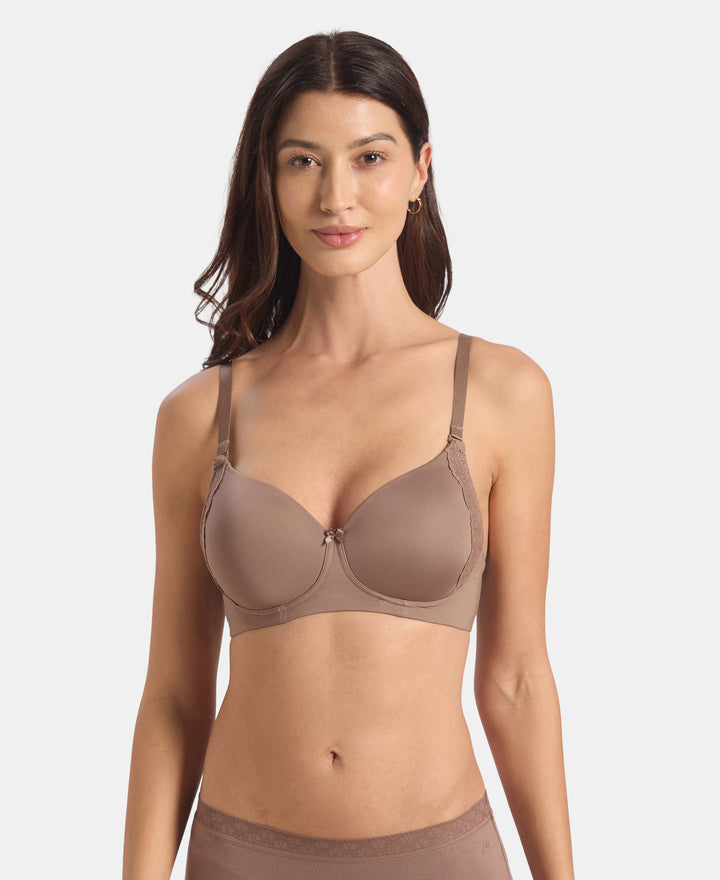 Wirefree Padded Soft Touch Microfiber Elastane Stretch Full Coverage T-Shirt Bra with Lace Styling - Deep Taupe