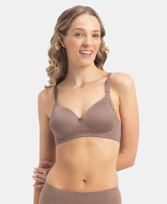 Wirefree Padded Soft Touch Microfiber Elastane Stretch Full Coverage T-Shirt Bra with Lace Styling - Deep Taupe