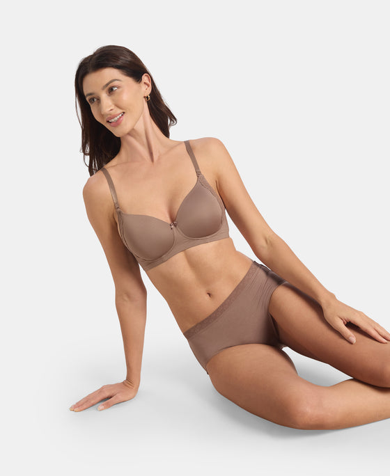 Wirefree Padded Soft Touch Microfiber Elastane Stretch Full Coverage T-Shirt Bra with Lace Styling - Deep Taupe