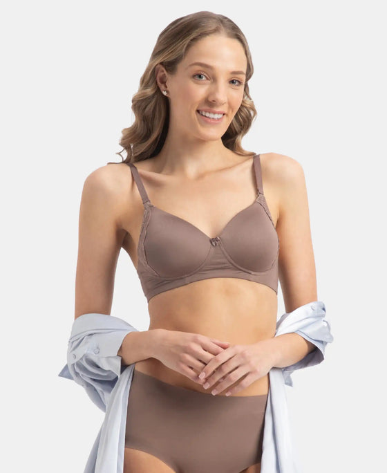 Wirefree Padded Soft Touch Microfiber Elastane Stretch Full Coverage T-Shirt Bra with Lace Styling - Deep Taupe