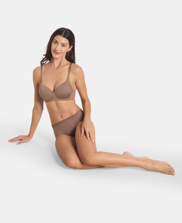 Wirefree Padded Soft Touch Microfiber Elastane Stretch Full Coverage T-Shirt Bra with Lace Styling - Deep Taupe