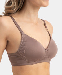 Wirefree Padded Soft Touch Microfiber Elastane Stretch Full Coverage T-Shirt Bra with Lace Styling - Deep Taupe