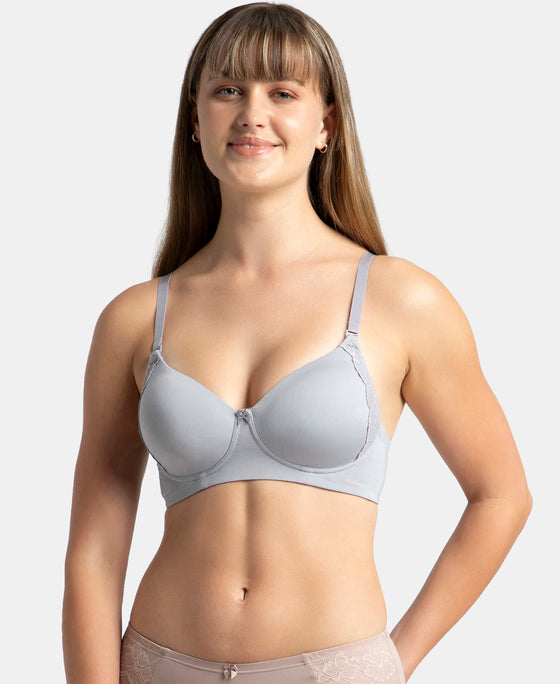 Wirefree Padded Soft Touch Microfiber Elastane Stretch Full Coverage T-Shirt Bra with Lace Styling - Lilac Grey