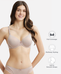 Under-Wired Padded Soft Touch Microfiber Elastane Stretch Full Coverage T-Shirt Bra with Lace Styling - Mocha