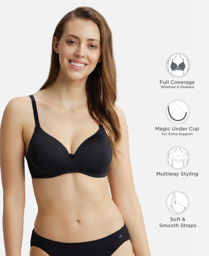 Wirefree Padded Microfiber Elastane Stretch Full Coverage T-Shirt Bra with Magic Under Cup - Black